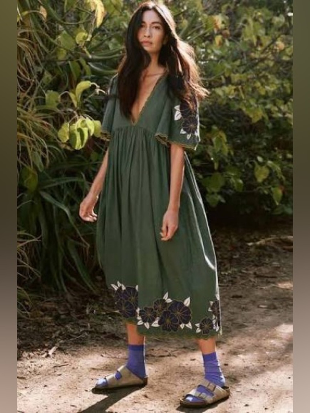 The Great Midi Dress Palm Leaf Floral 2 M Cotton Hawaiian Green Short Sleeve - Picture 9 of 9